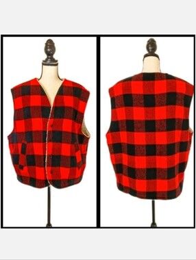 Vintage Canyon Guide Outfitters Red Black Plaid Wool Sherpa Lined Vest Pockets L